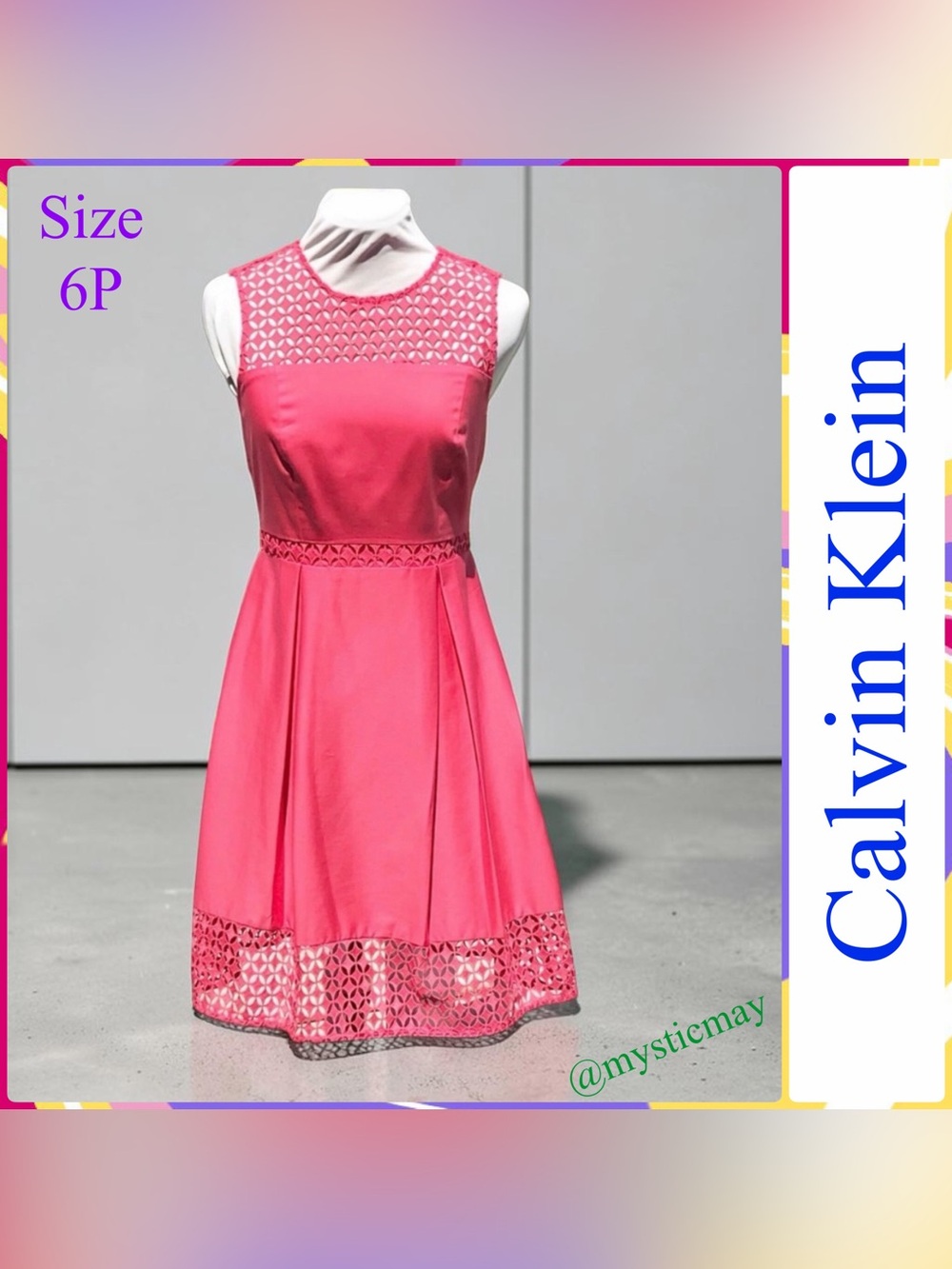 CALVIN KLEIN Coral Pink Medallion Lace Trim Keyhole Back Tea Dress Size 6 Petite